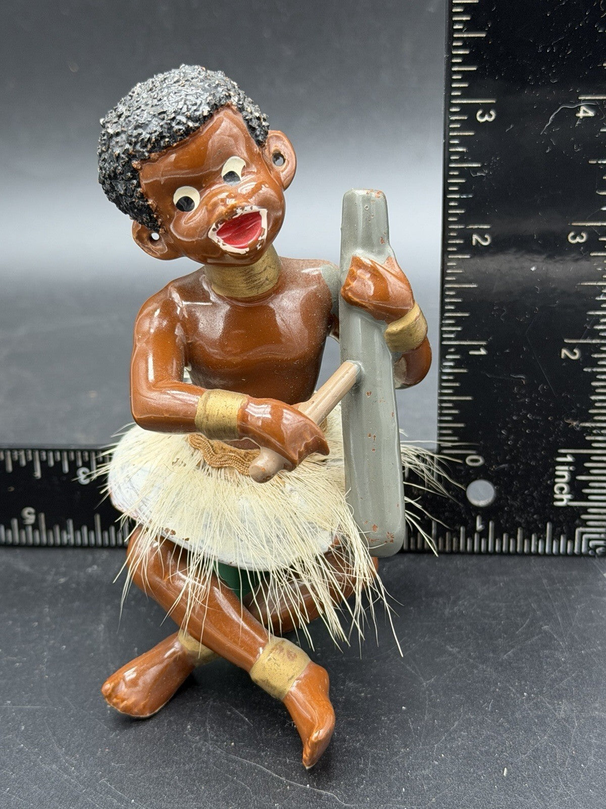Vintage Mid Century Islander Musician Figurine Grass Skirt Playing Drum Tiki