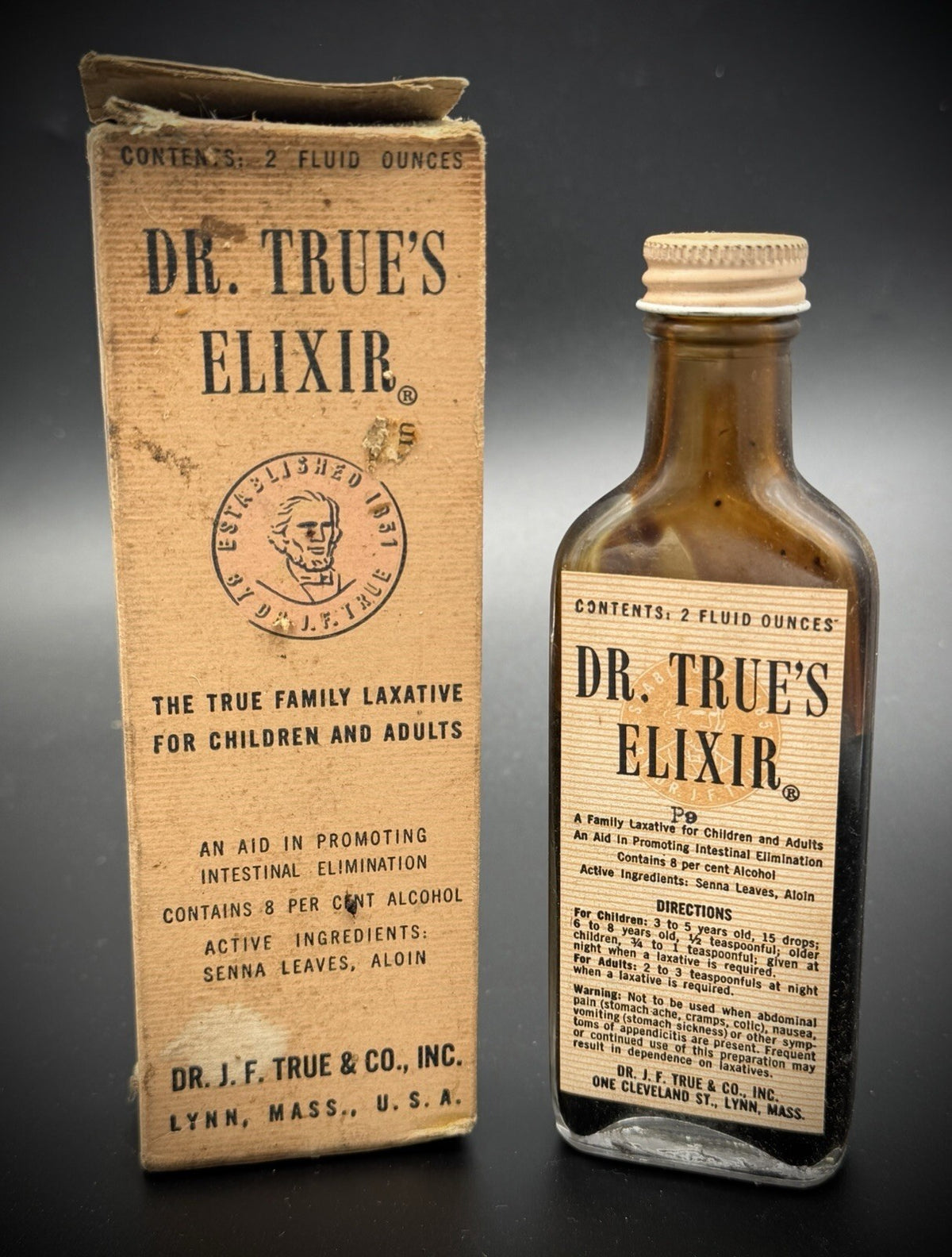 Vintage Dr. True's Elixir Patent Medicine Bottle with Original Box Lynn Mass