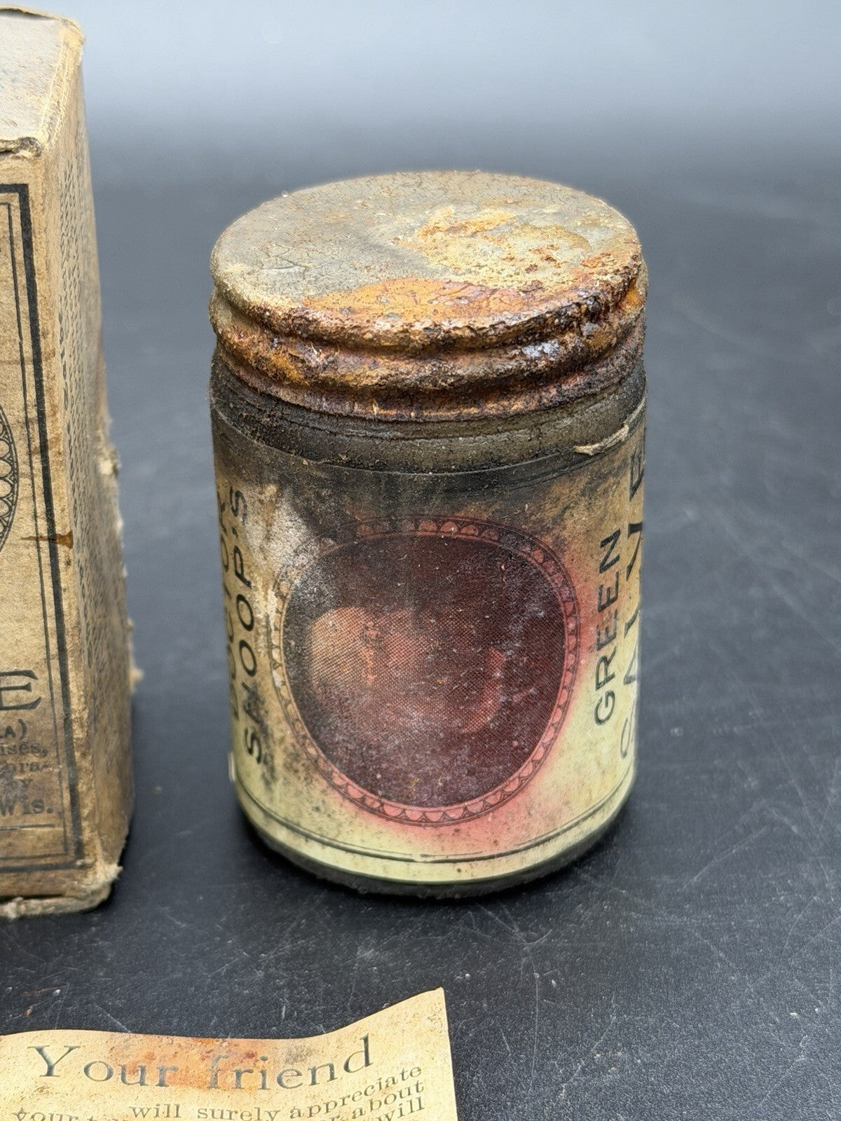 Antique Dr. Shoop's Green Salve Tin w/ Original Box & Insert Card Racine Wis