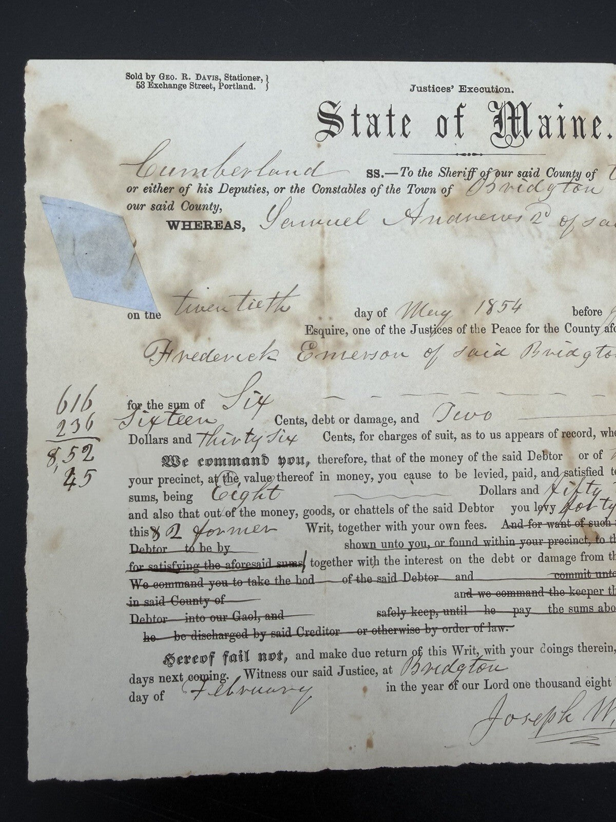 1856 Maine Legal Execution: Cumberland County Debt Collection, Bridgton, ME
