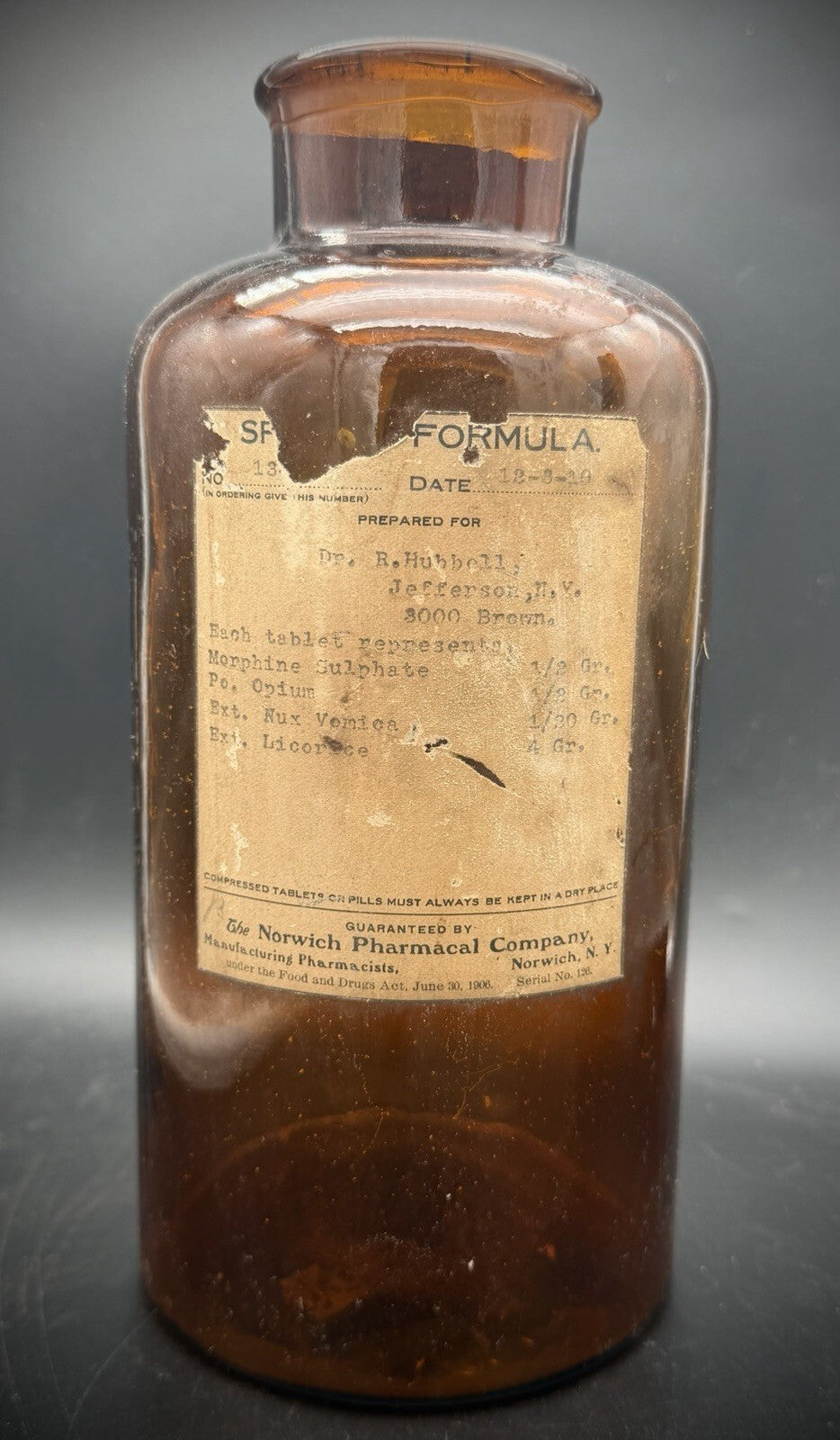 Antique 1910 Norwich NY Pharmacal Bottle Morphine Opium Label Dr Hubbell 9.5"