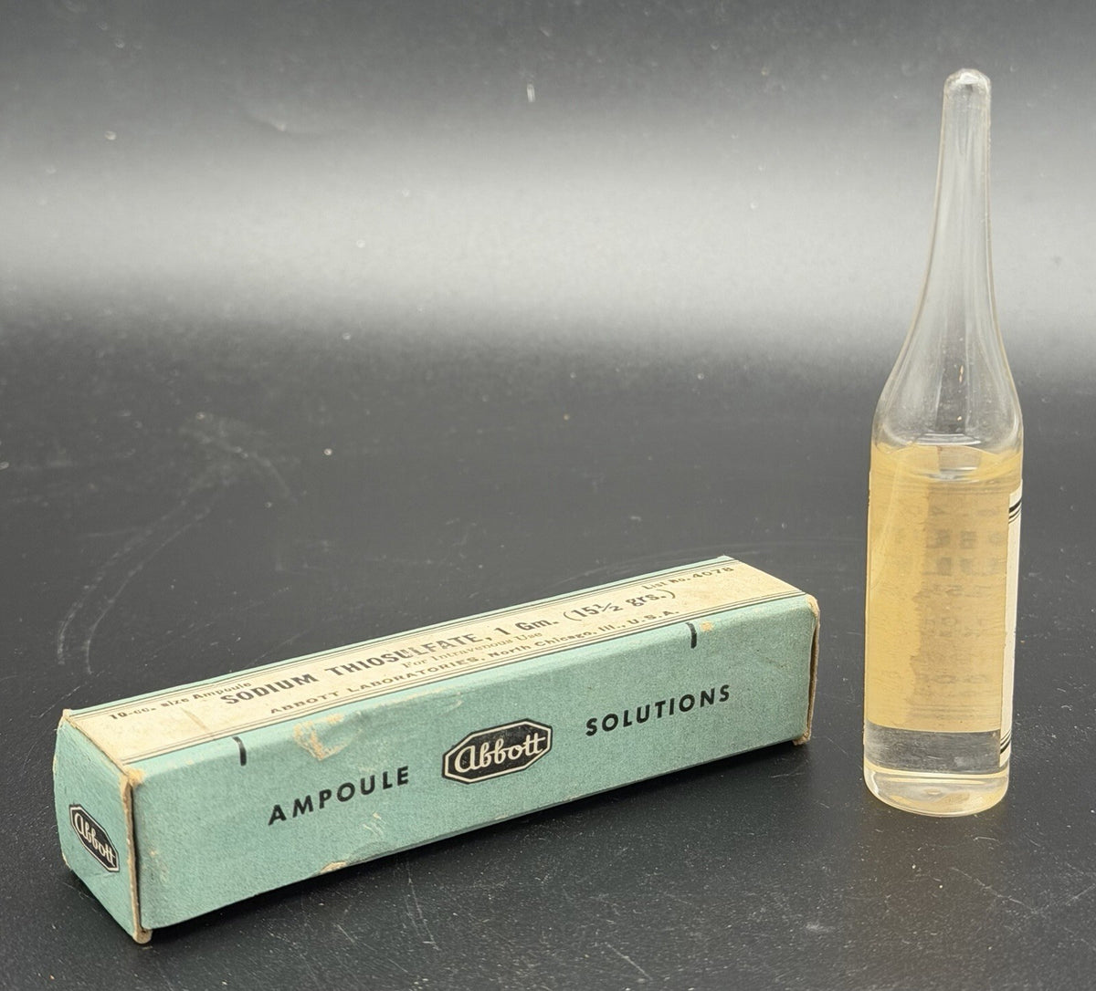 Vintage Abbott Sodium Thiosulfate 1 Gm Ampoule Glass Vial & Box