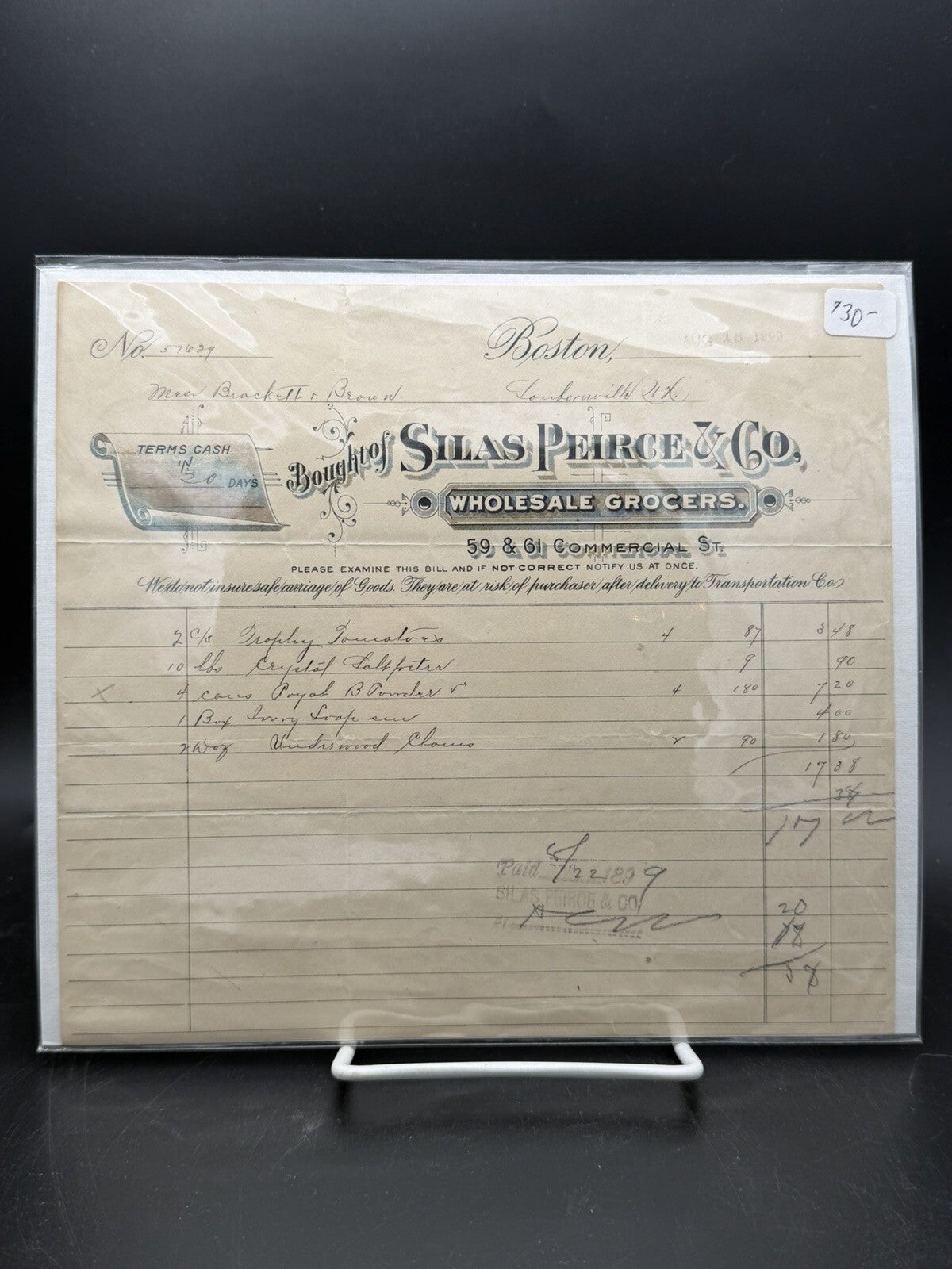 1889 Silas Peirce and Co. Invoice – Boston MA Wholesale Grocers Ephemera Billhead
