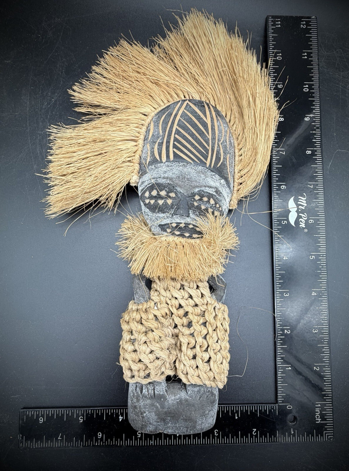 Vintage African Barotse Society Carved Wood Figure Raffia Zambesi Ritual Mask
