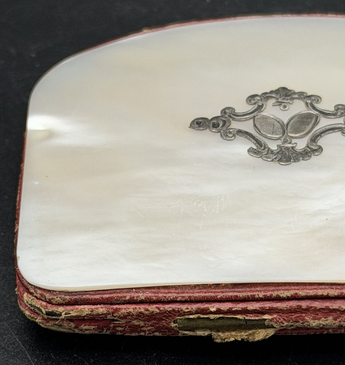 Antique Victorian Mother of Pearl Coin Purse Silver Cartouche Red Silk Interior