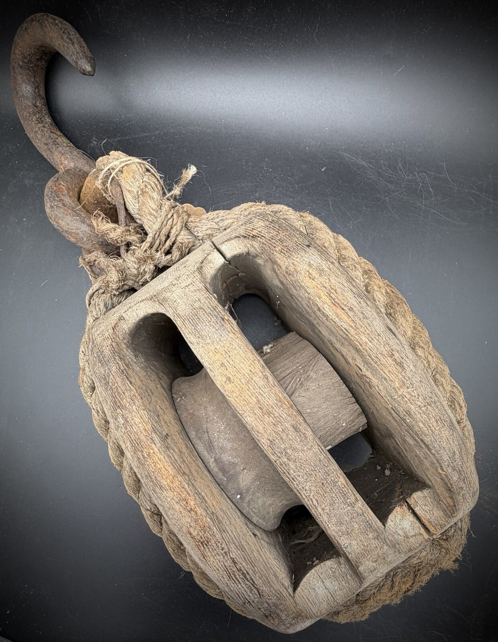 Antique Rope Stropped Wooden Double Pulley Block Forged Iron Hook Barn Salvage