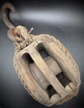 Antique Rope Stropped Wooden Double Pulley Block Forged Iron Hook Barn Salvage