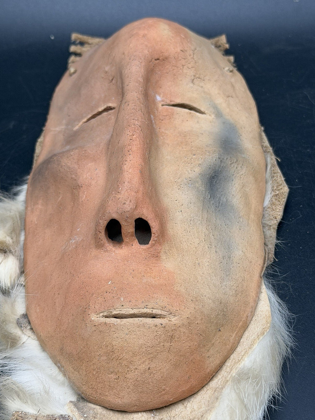 Handmade Clay Face Mask Wall Hanging Fur Beads Feathers Folk Art