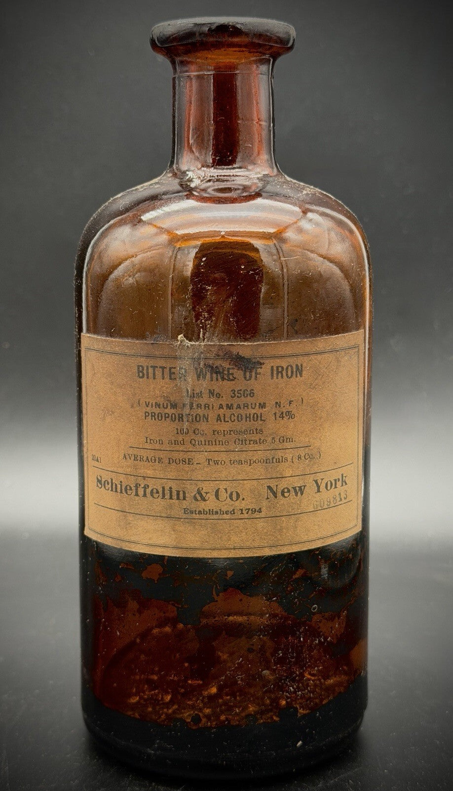 Antique Amber Apothecary Bottle Bitter Wine of Iron Schieffelin New York Medical