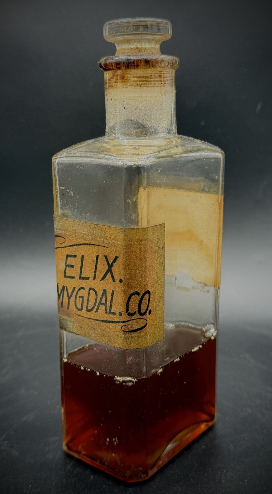 Antique Apothecary "Elix. Amygdal. Co." Old Pharmacy Bottle with Glass Stopper