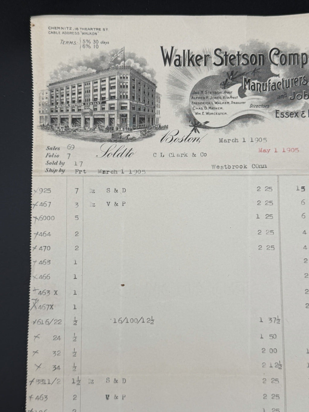1905 Walker Stetson Company Wholesale Invoice - Boston Dry Goods Jobber