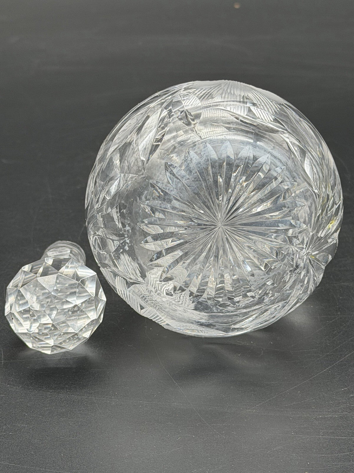 Antique Cut Glass Cruet Bottle Decanter Floral Wheel Cut Faceted Stopper As Is