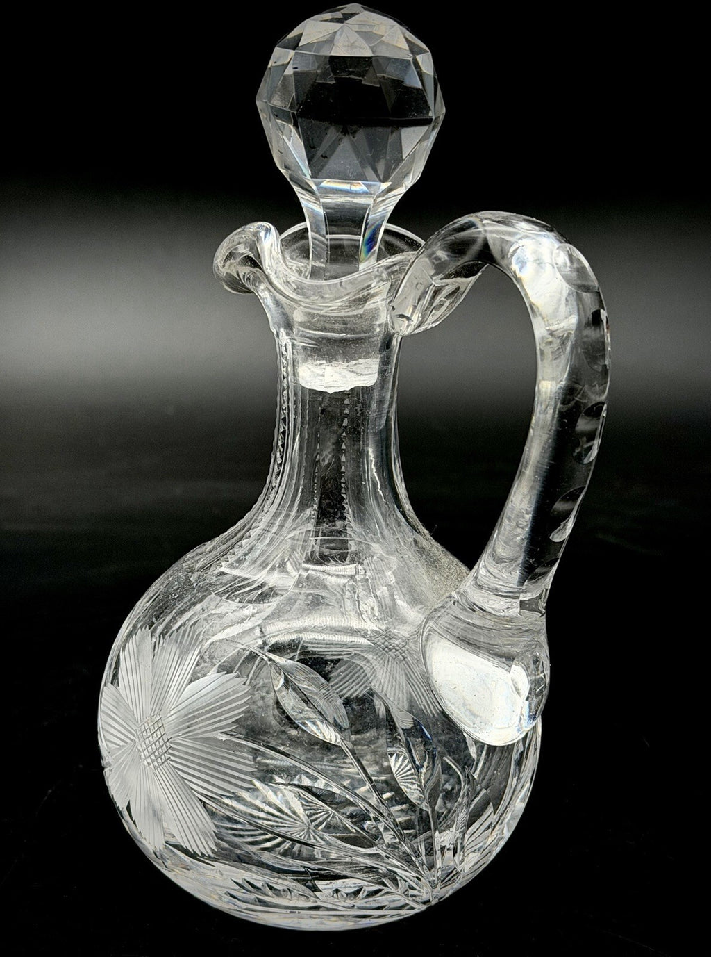Antique Cut Glass Cruet Bottle Decanter Floral Wheel Cut Faceted Stopper As Is