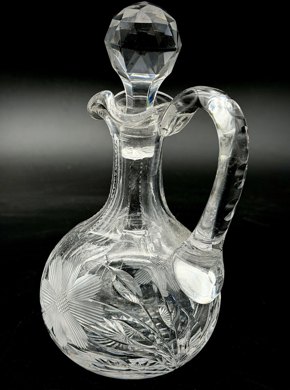 Antique Cut Glass Cruet Bottle Decanter Floral Wheel Cut Faceted Stopper As Is