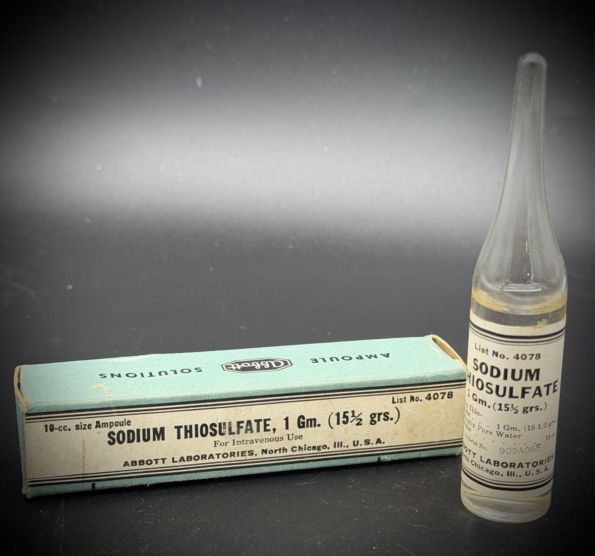 Vintage Abbott Sodium Thiosulfate 1 Gm Ampoule Glass Vial & Box