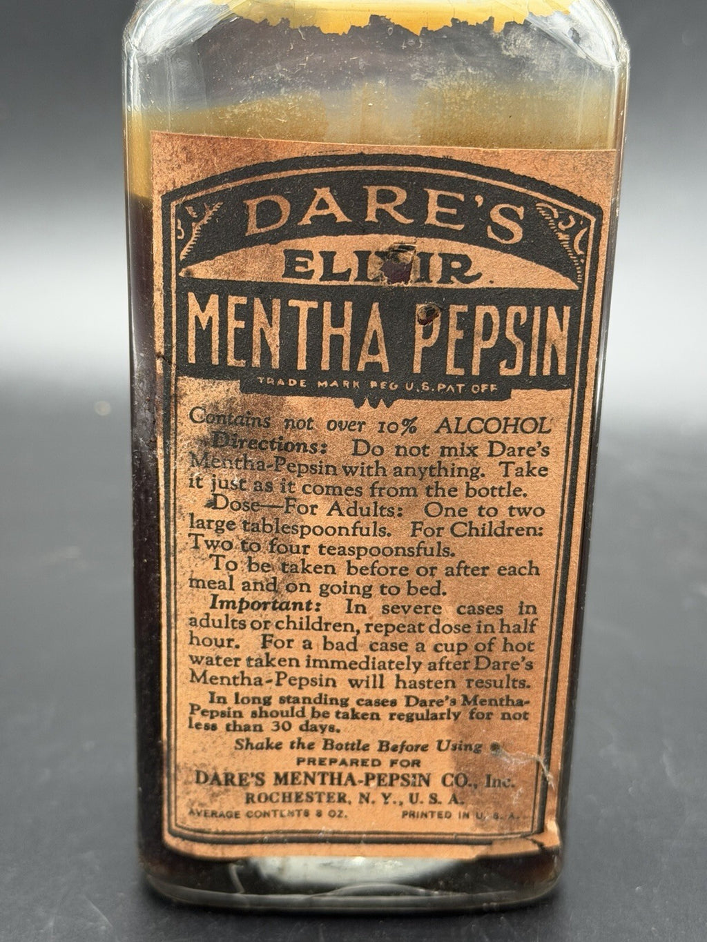 Antique Dare's Elixir Mentha Pepsin Medicine Bottle Rochester NY Full Label Cork