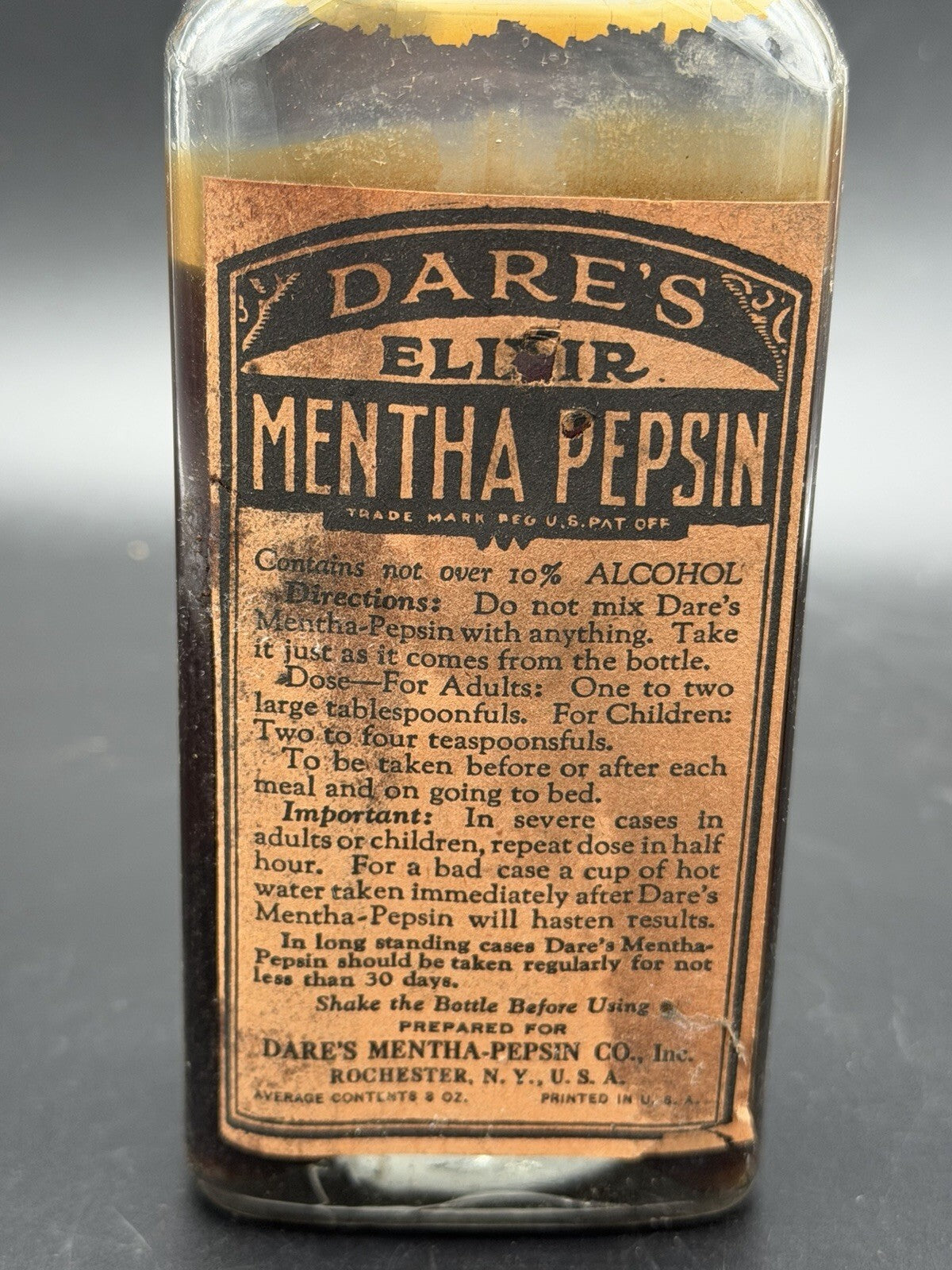 Antique Dare's Elixir Mentha Pepsin Medicine Bottle Rochester NY Full Label Cork
