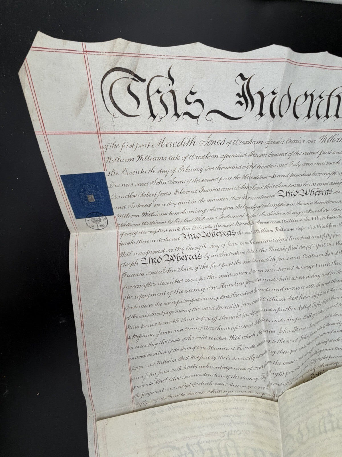 1860 Antique Vellum Mortgage Indenture – Denbighshire, Wales – Legal History