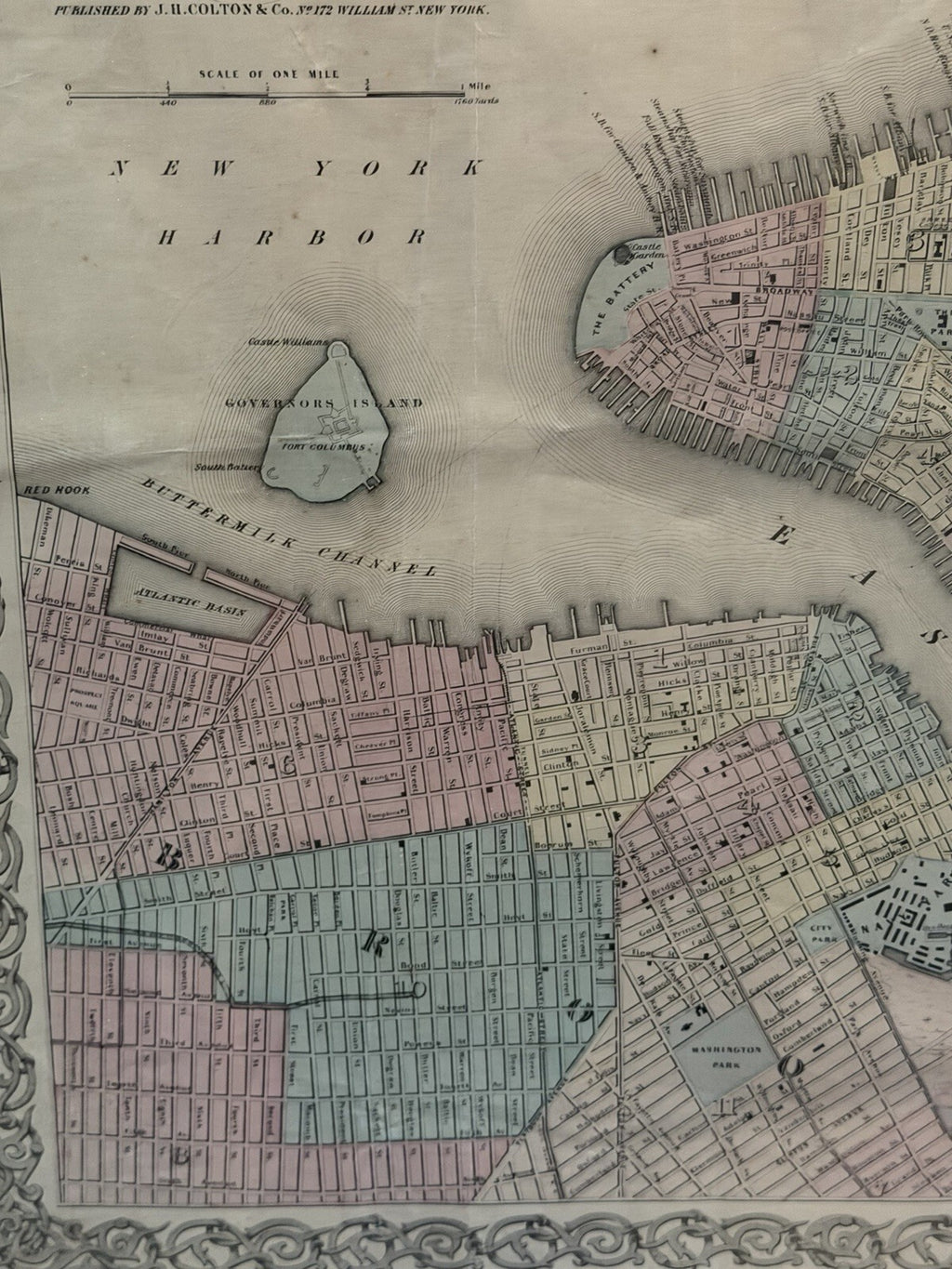 1855 J.H. Colton Antique Map of New York & Adjacent Cities Original Hand Color