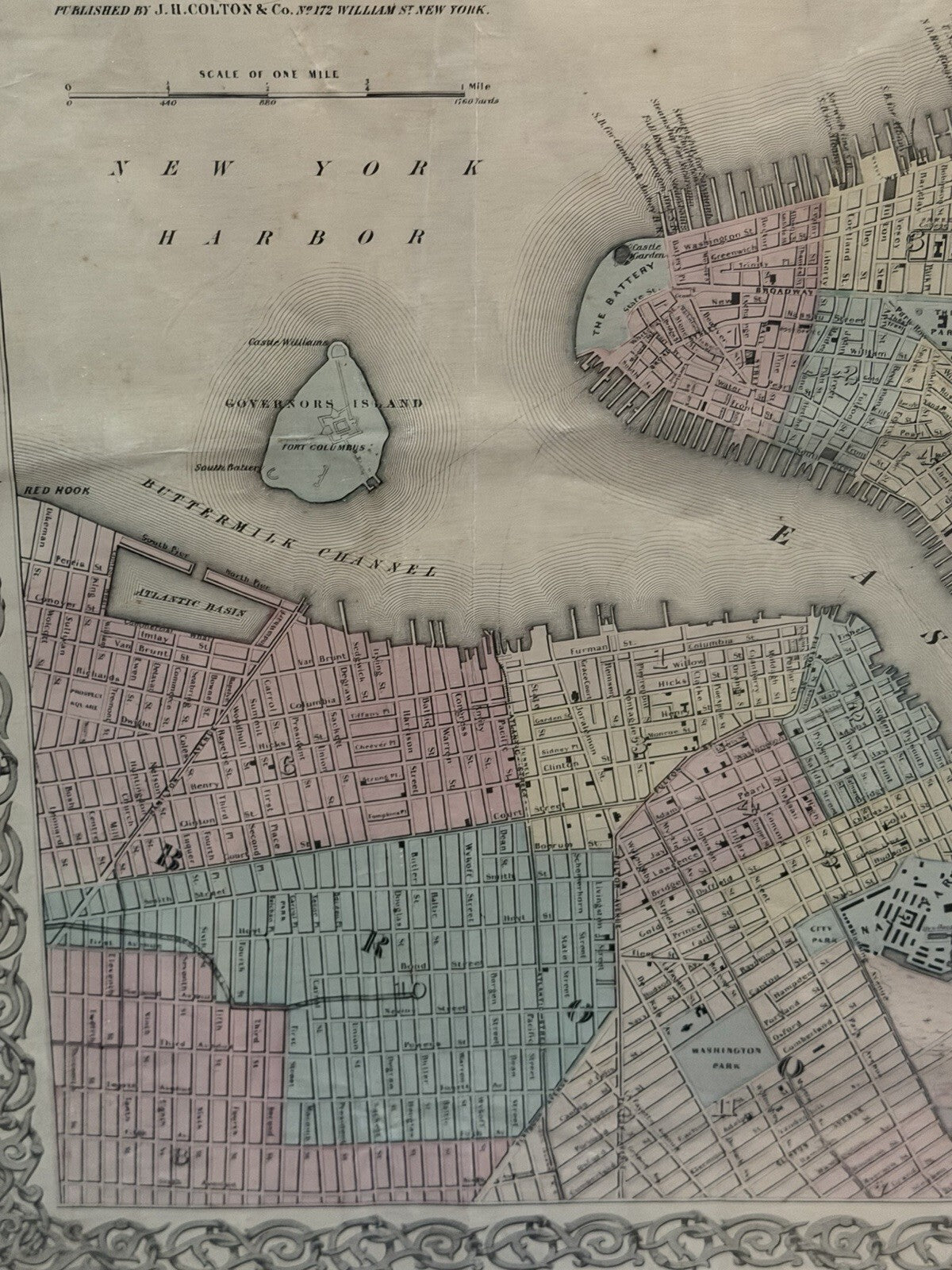 1855 J.H. Colton Antique Map of New York & Adjacent Cities Original Hand Color