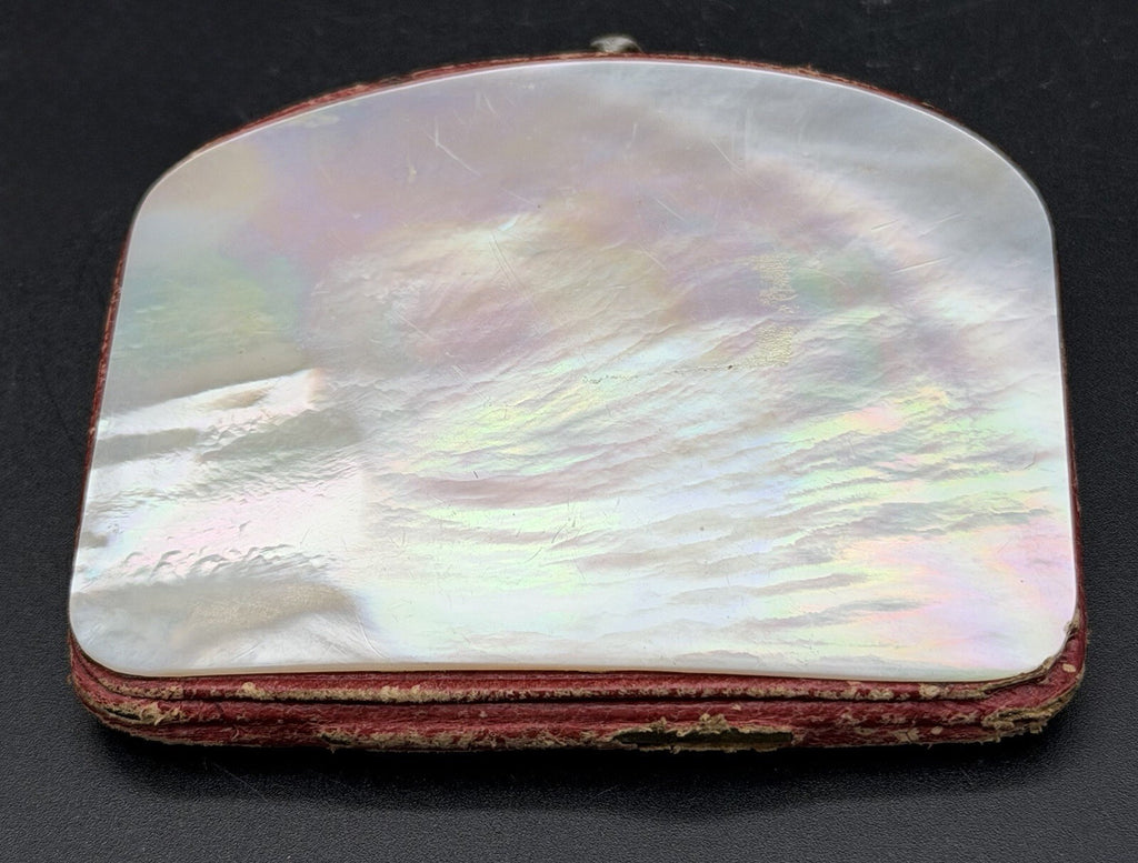 Antique Victorian Mother of Pearl Coin Purse Silver Cartouche Red Silk Interior
