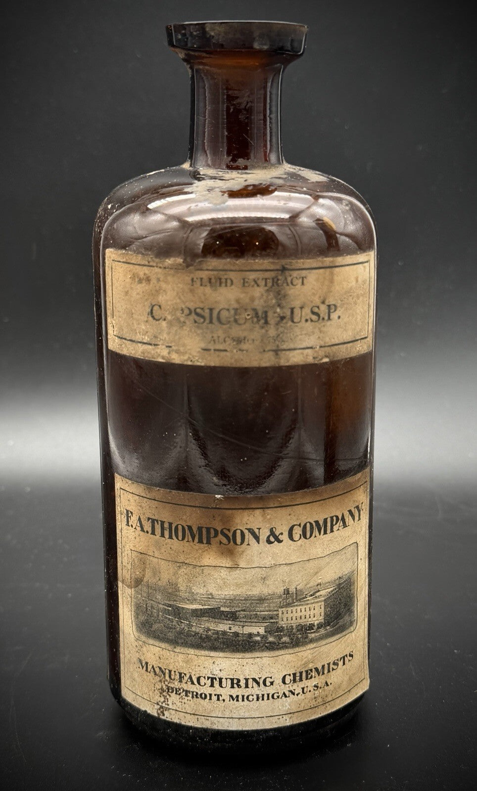 Antique F.A. Thompson Capsicum Amber Glass Apothecary Bottle Detroit Label