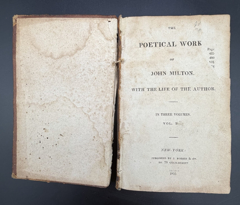 JOHN MILTON Poetical Works 2 (of 3) Leather Volumes 1815 J Forbes & Co. New York