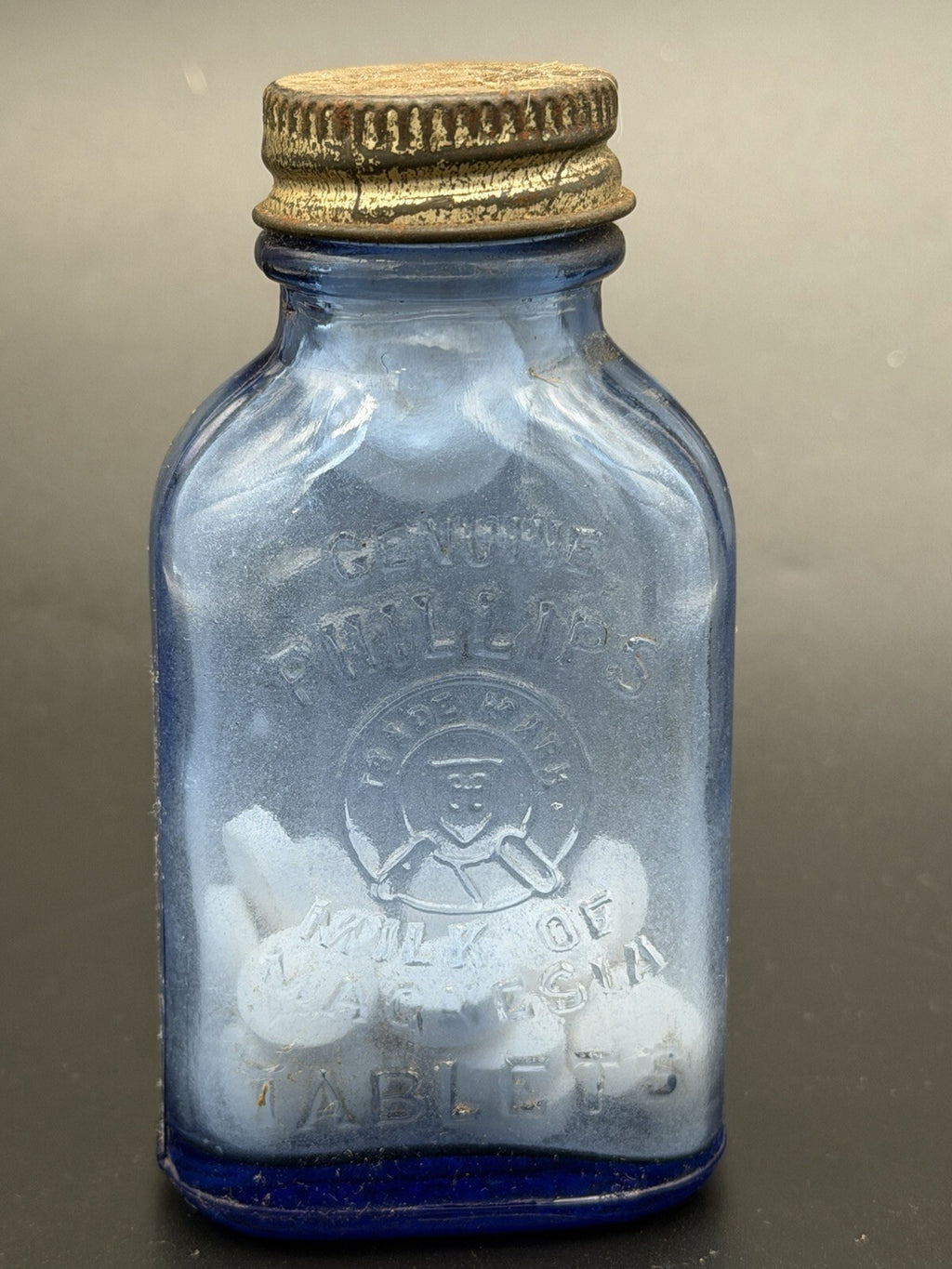Vintage Phillips Milk of Magnesia Cobalt Blue Glass Bottle – Original Tablets