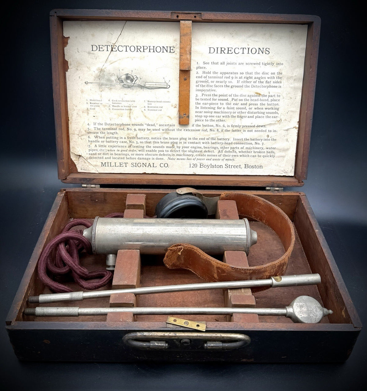 Antique Millet Signal Co Detectorphone Engine Stethoscope in Wood Box⁠