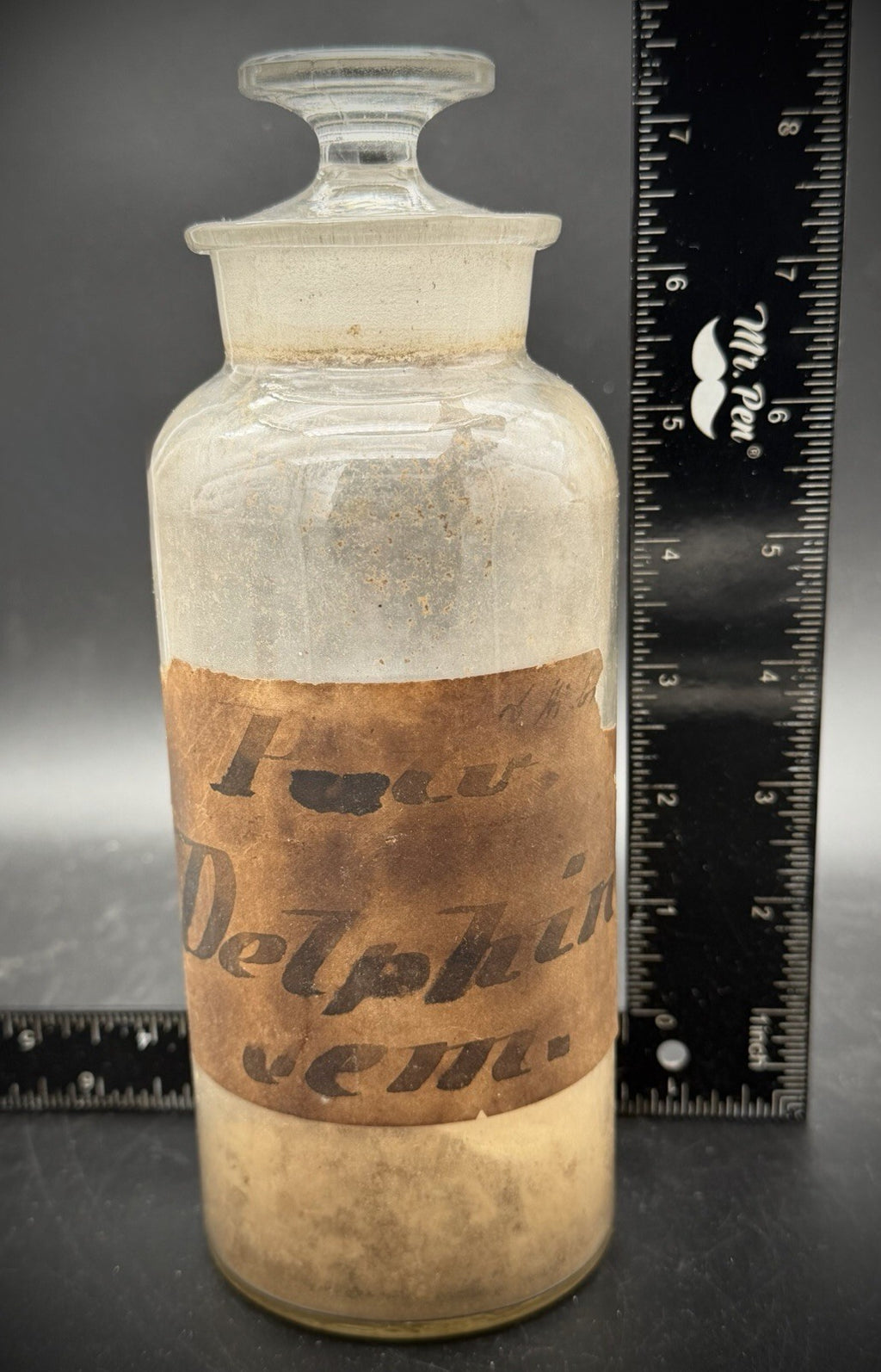 Antique Apothecary Jar Glass Stopper Paper Label Delphinium Pharmacy Bottle