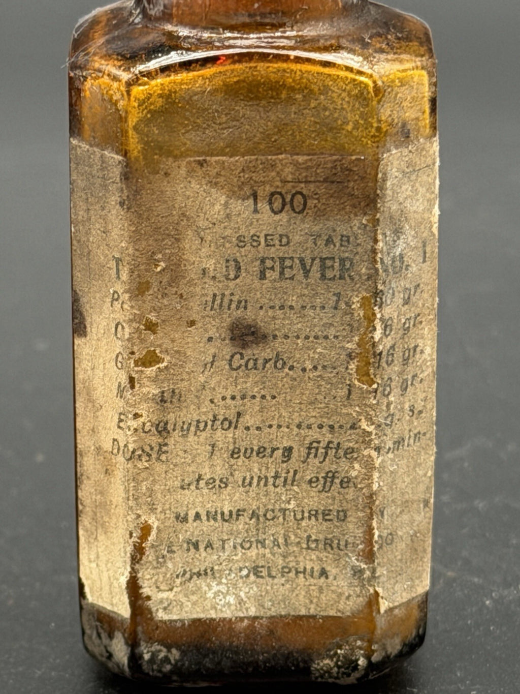 Antique National Drug Co. Cold Fever Amber Bottle w/ Original Pills & Label