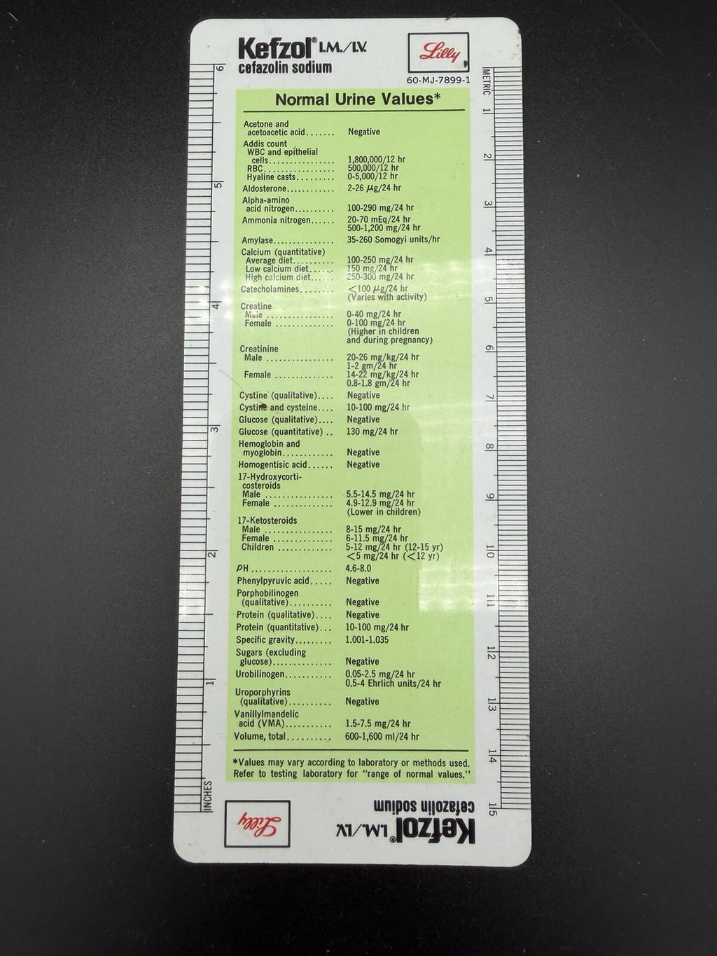 Vintage Eli Lilly Kefzol Blood and Urine Medical Pocket Reference Card Ruler
