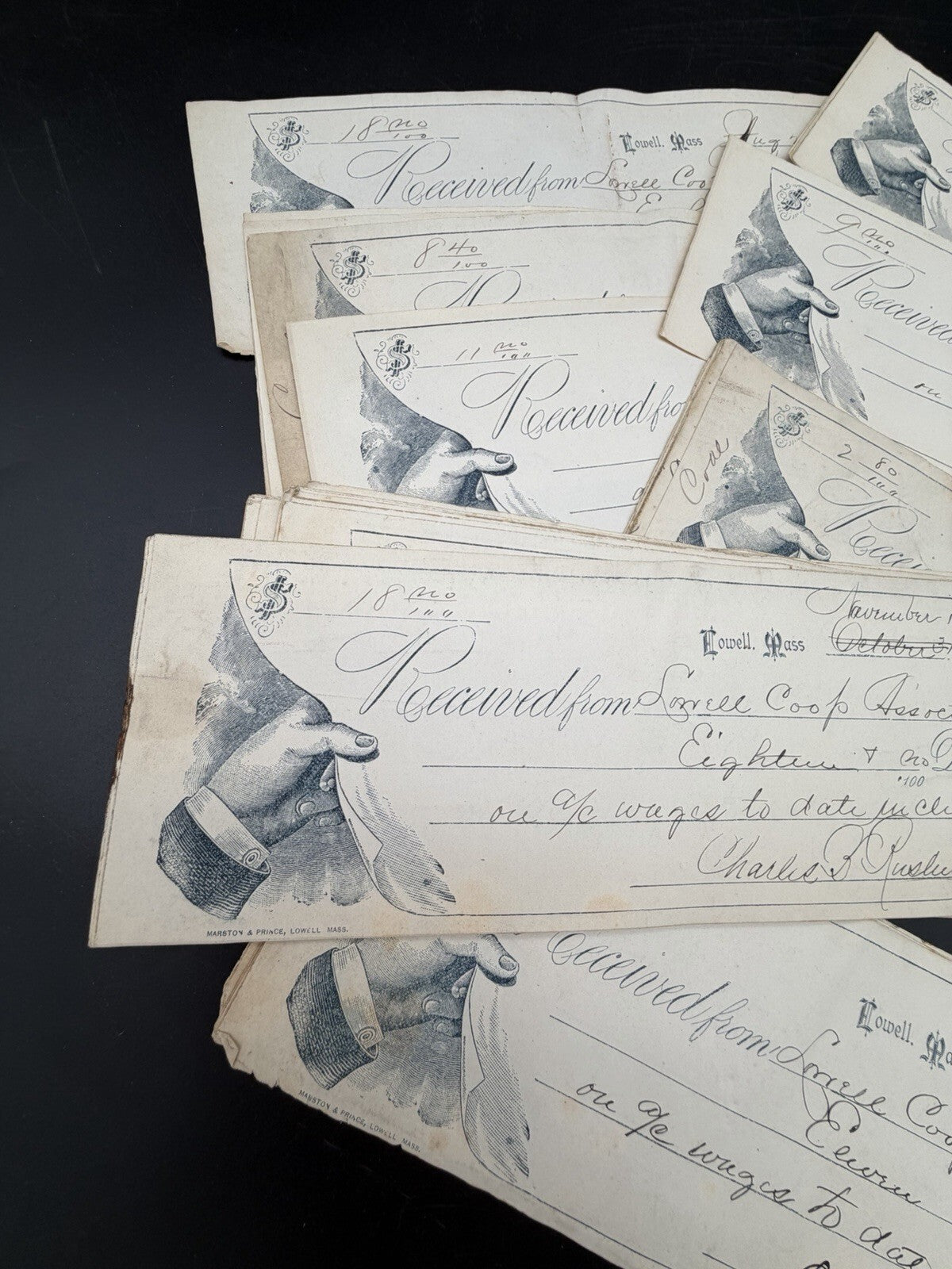 Antique 1890s Lowell Mass Coop Association Wage Receipts Vignette Ephemera Lot
