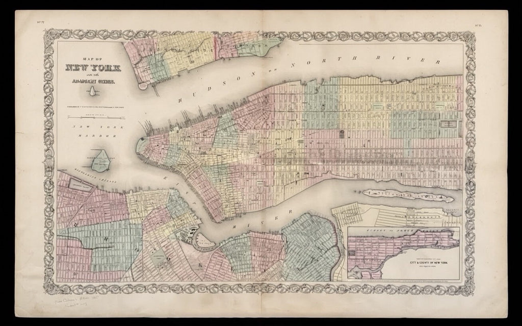 1855 J.H. Colton Antique Map of New York & Adjacent Cities Original Hand Color