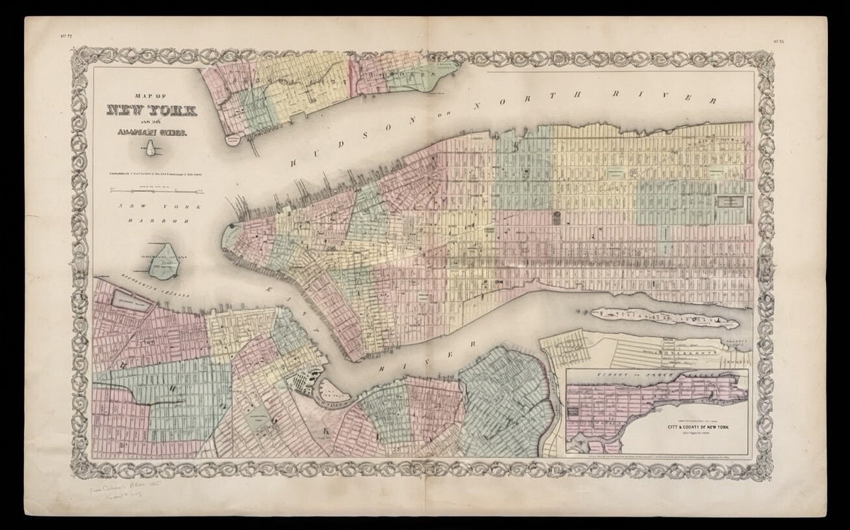 1855 J.H. Colton Antique Map of New York & Adjacent Cities Original Hand Color