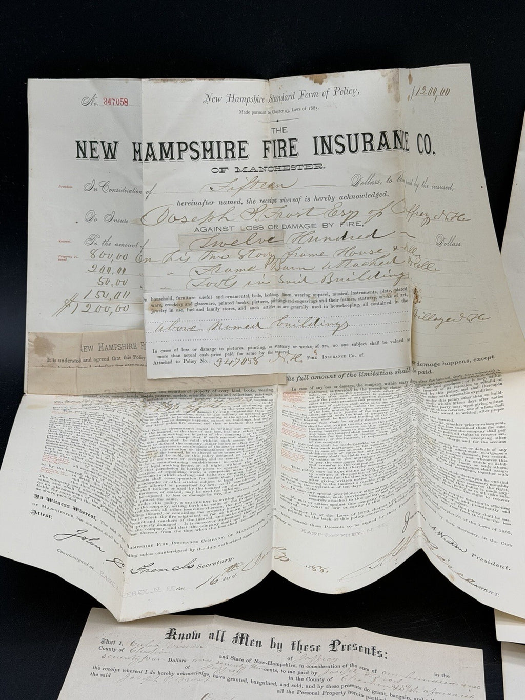 Antique 1880s NH Ephemera Lot: Insurance Policies, Handwritten Letter, Legal Doc