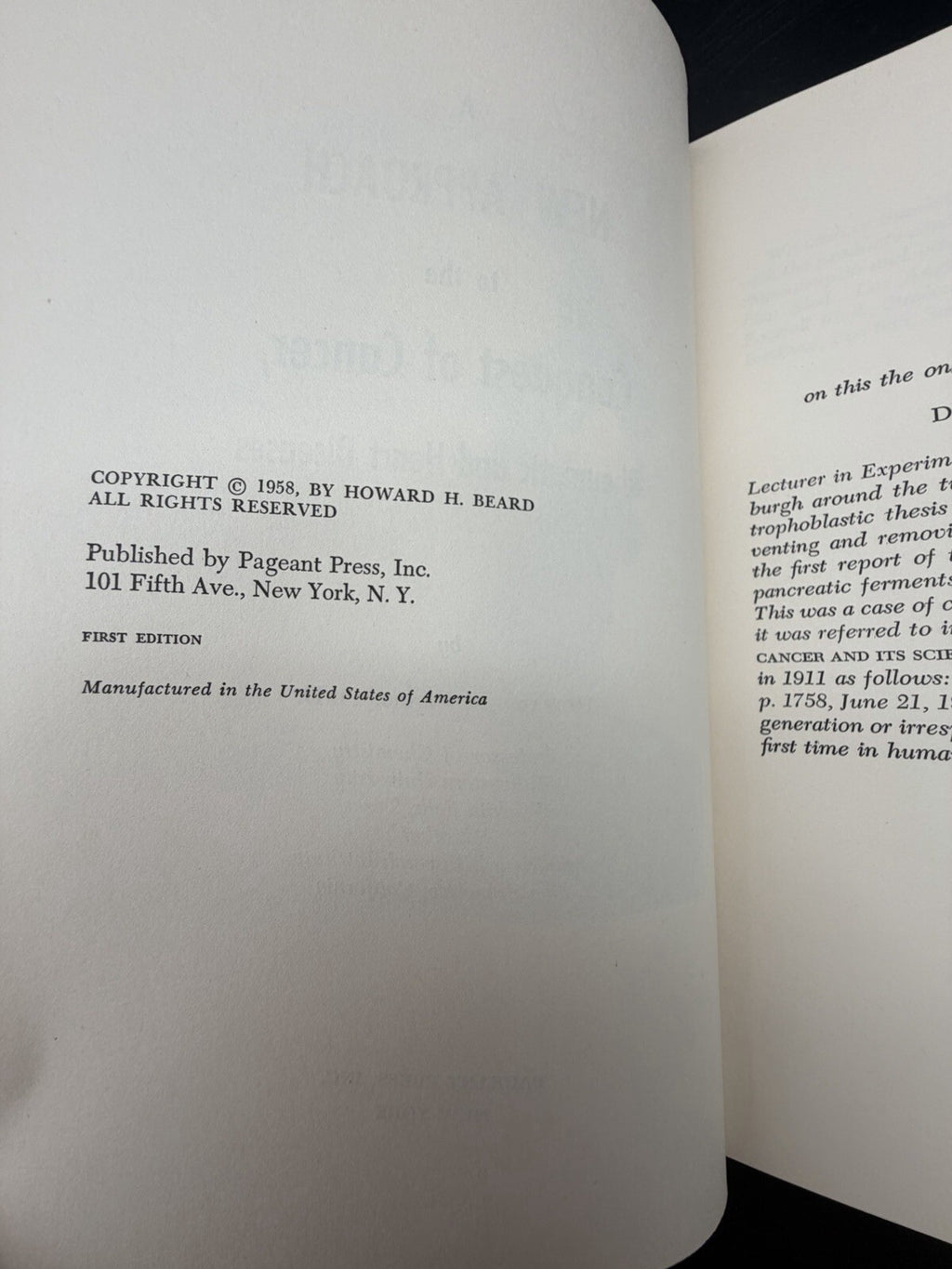1958 A New Approach to the Conquest of Cancer Howard H. Beard Signed 1st Edition
