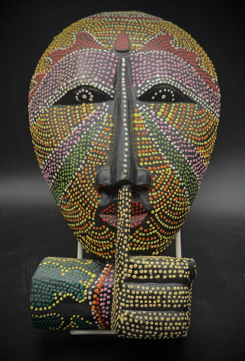 Hand Carved Wood Dot Painted Shhh Silence Mask Finger to Lips Indonesia 11.5"