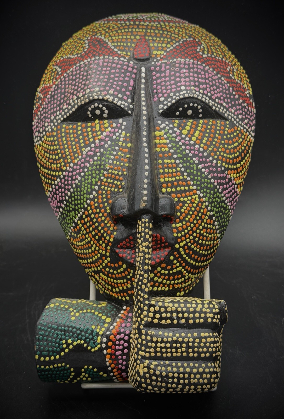 Hand Carved Wood Dot Painted Shhh Silence Mask Finger to Lips Indonesia 11.5"