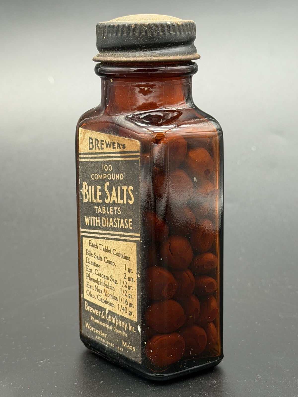 Vintage Brewer & Co Bile Salts Medicine Bottle Amber Glass Worcester Mass