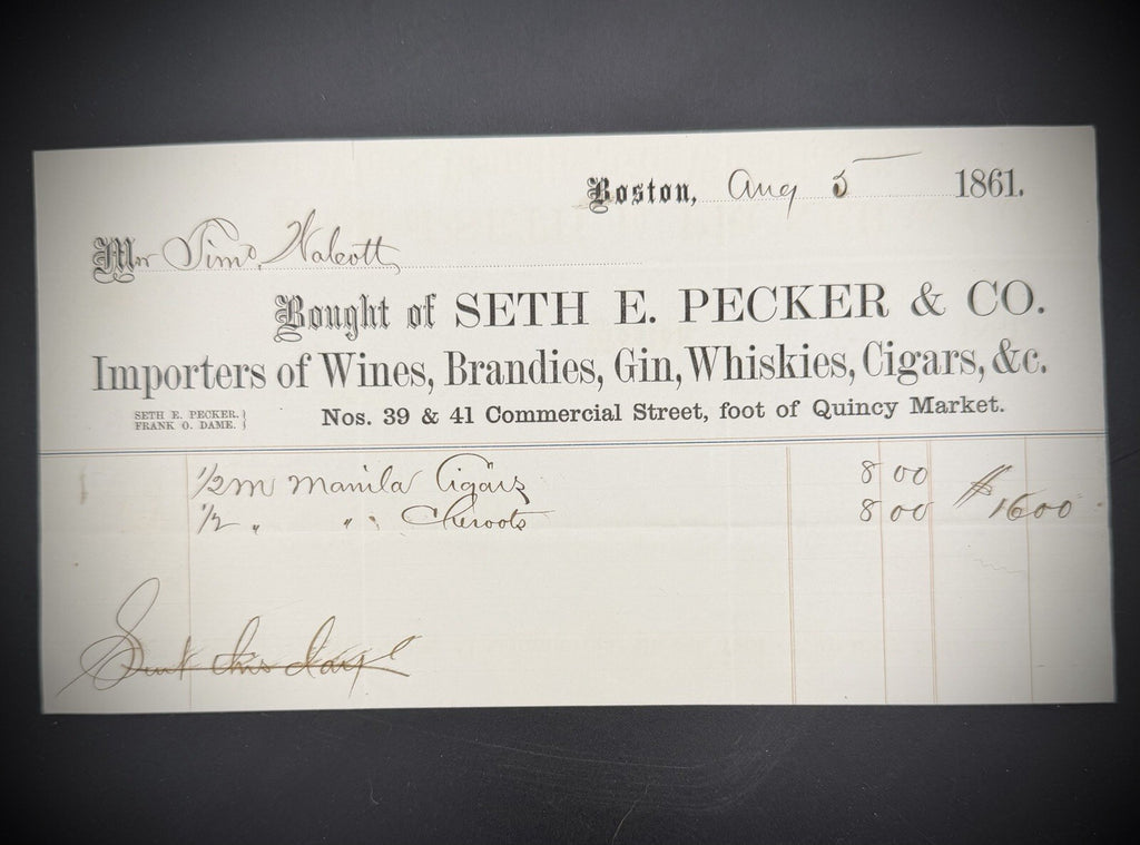 Antique Billhead 1861 Boston Wine Whiskey Cigars Seth E. Pecker & Co. Ephemera