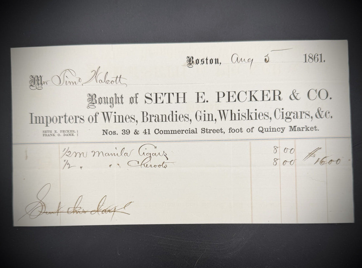 Antique Billhead 1861 Boston Wine Whiskey Cigars Seth E. Pecker & Co. Ephemera