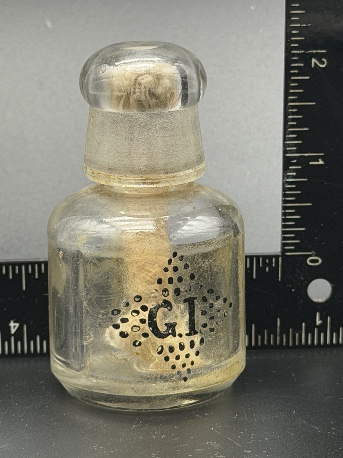 Antique Pharmacy Apothecary Glass Bottle – G.I. Stenciled Label & Stopper