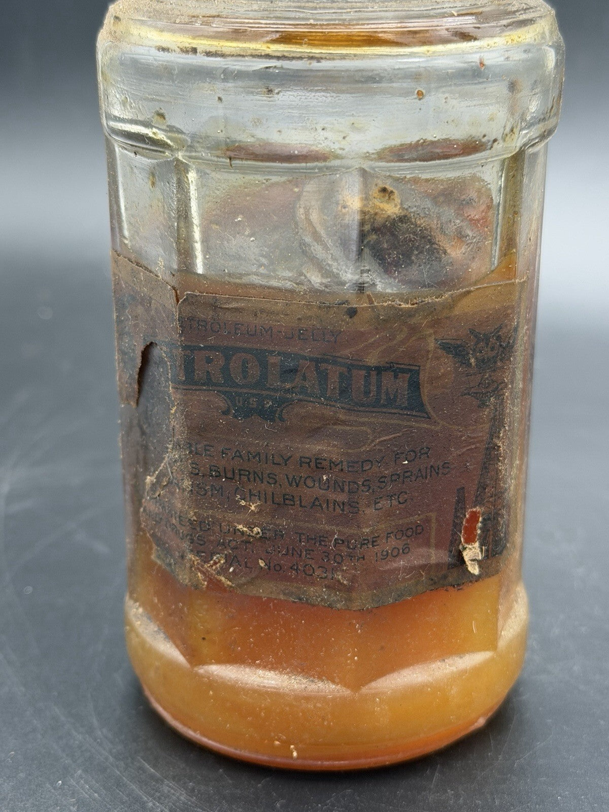 Antique Petrolatum U.S.P. Jelly Amber Bottle w/ Original Label & Sealed Top
