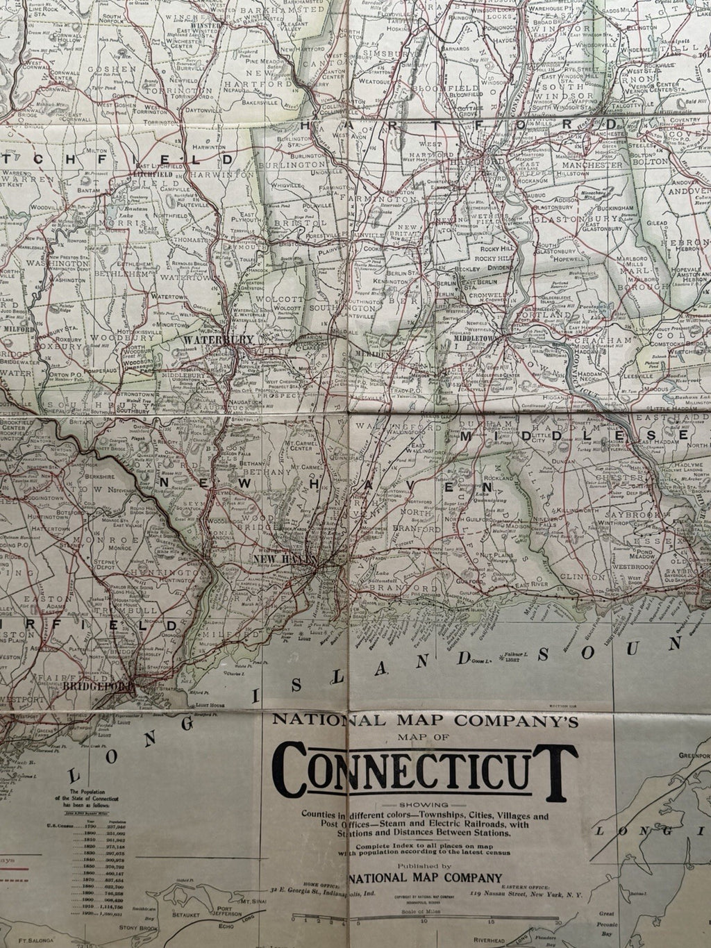 Antique 1910s National Map Co. Connecticut Large Wall Map - A.J. Nystrom & Co.