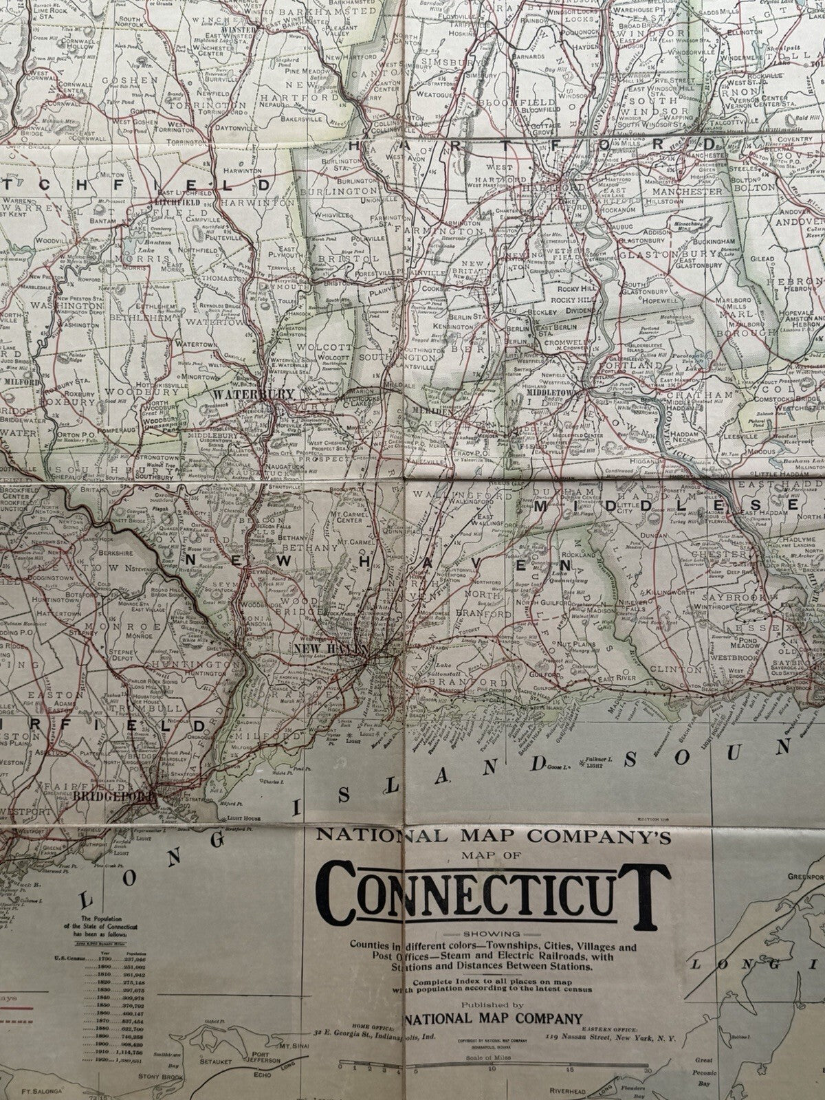 Antique 1910s National Map Co. Connecticut Large Wall Map - A.J. Nystrom & Co.