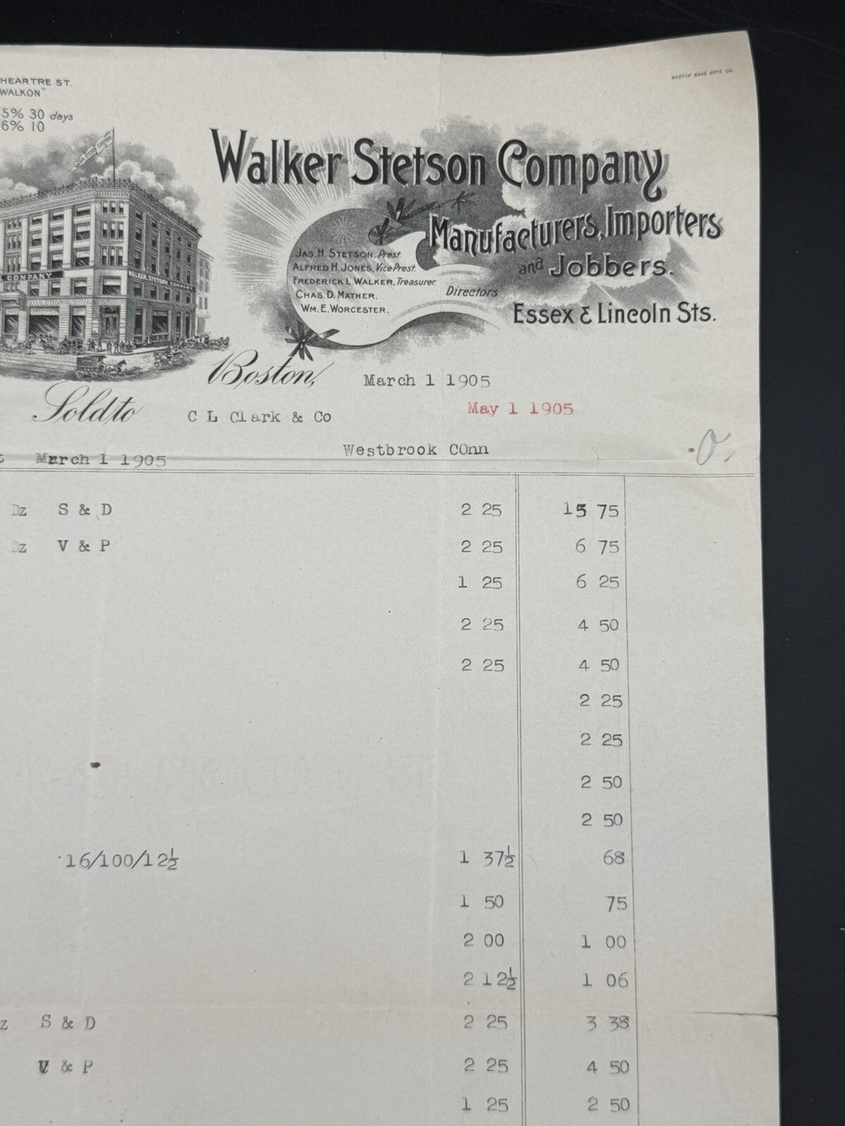 1905 Walker Stetson Company Wholesale Invoice - Boston Dry Goods Jobber