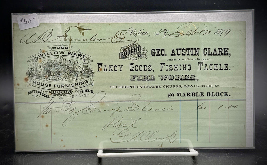 1879 Geo. Austin Clark Invoice – Utica NY Fishing Tackle Fancy Goods Ephemera
