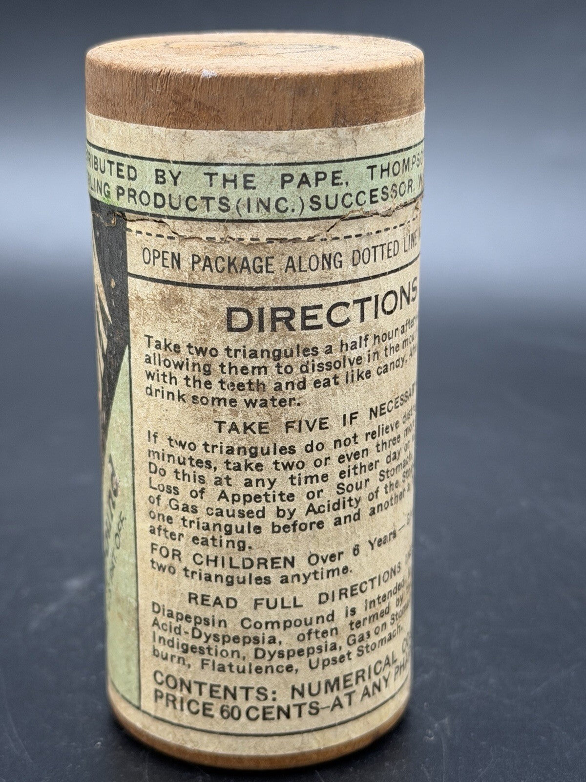 Vintage 1922 Pape's Diapepsin Patent Medicine Wood & Paper Container Apothecary