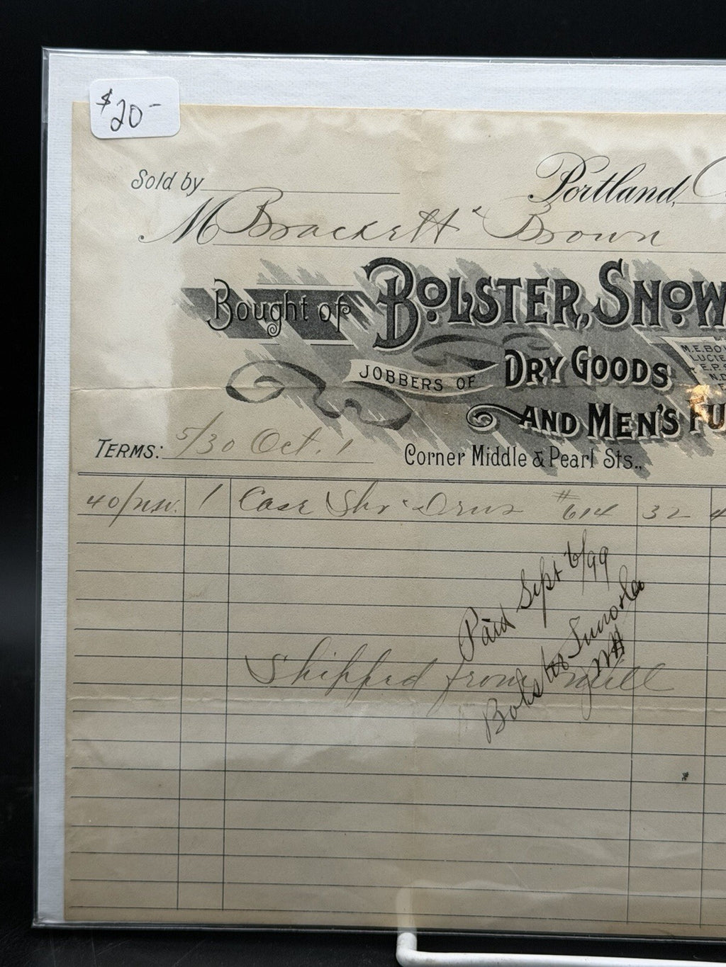 1897 Bolster, Snow and Co. Billhead – Portland ME Dry Goods Men's Furnishings